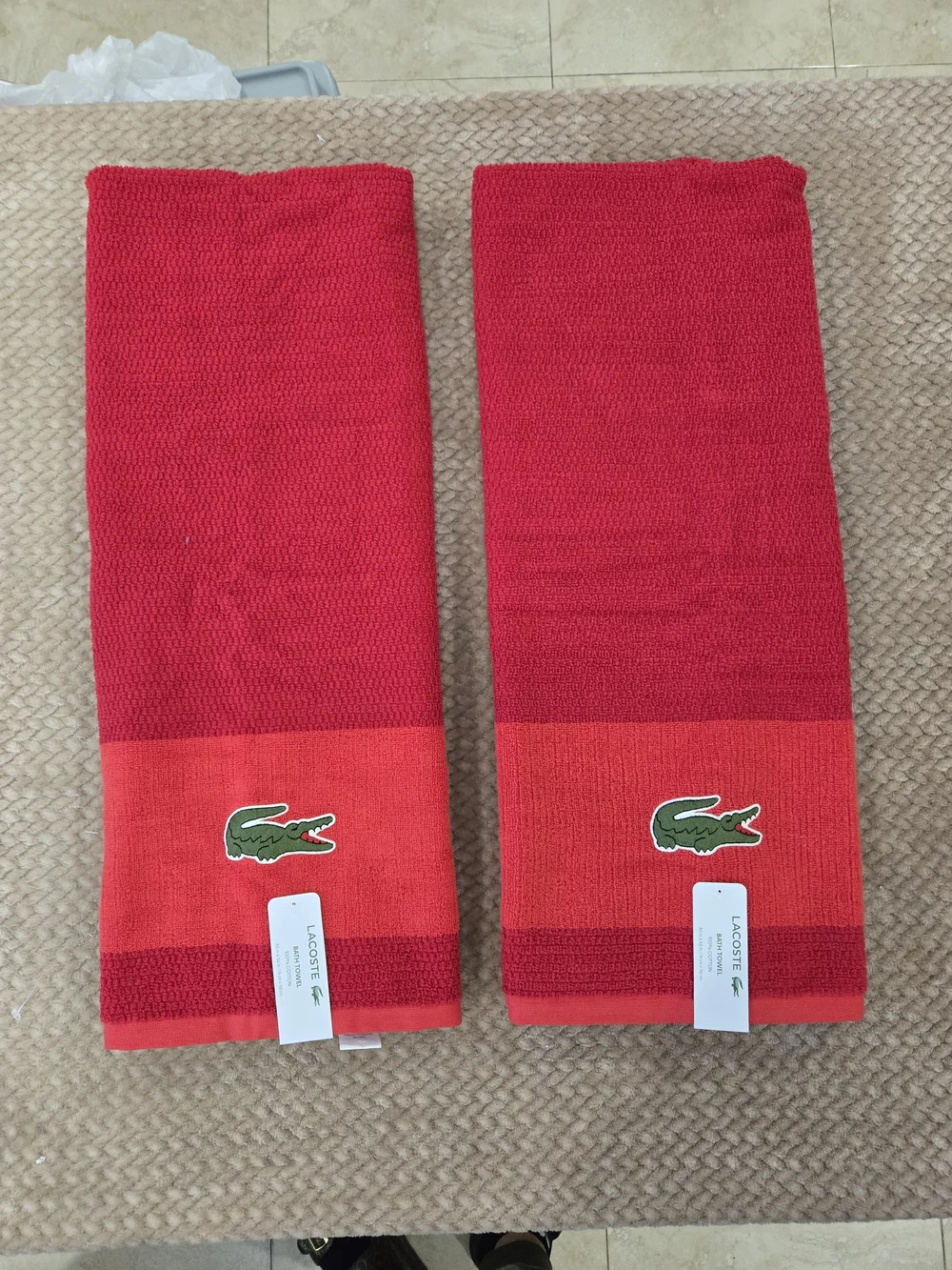 Lacoste Red Cotton Bath Towel - Embroidered Crocodile Logo